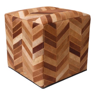 Handmade Tan Chevron Cowhide Leather Ottoman Pouf 18x18 Warm Cube For Sale