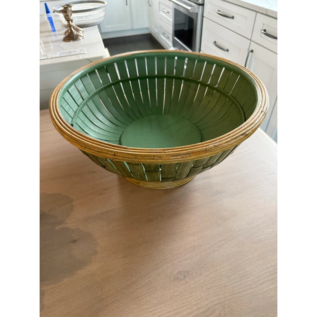 Large Bamboo Rattan Bowl in Natural and Green For Sale - Image 11 of 11