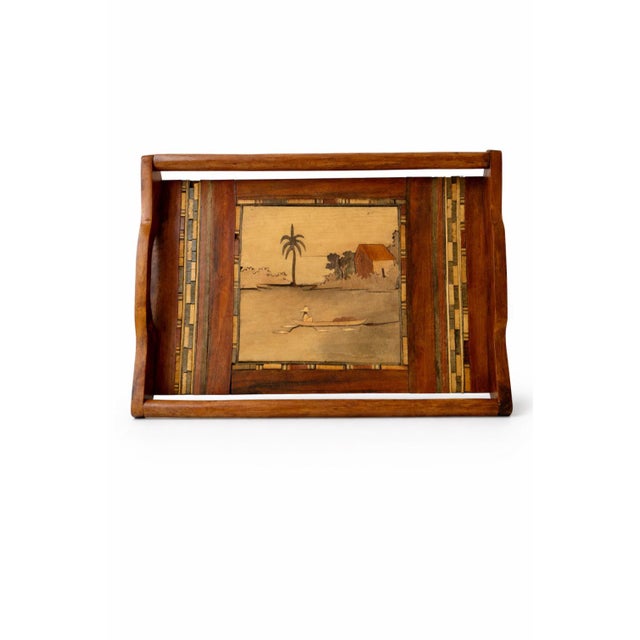 French Wooden Marquetry Tray with Craftwork Nature Scene, 1950s For Sale - Image 9 of 9