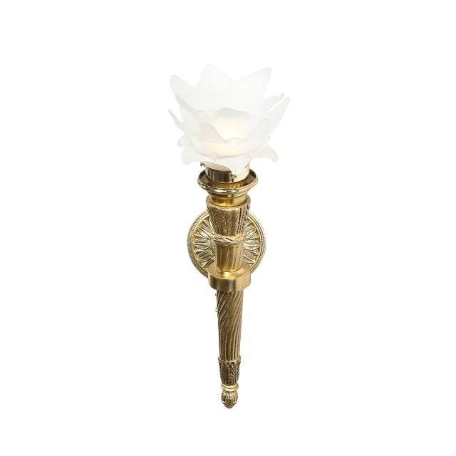 Neoclassical Pair of Neoclassical Antique Brass Torch Form Sconces With Frosted Glass Shades For Sale - Image 3 of 14