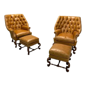 Georgian, Large Tufted Lounge Chairs and Ottomans, Tan Leather, Usa, 2000s