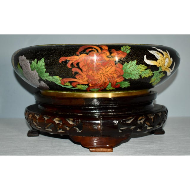 Antique Large Cloisonne Bowl W/Carved Wood Base For Sale - Image 9 of 13