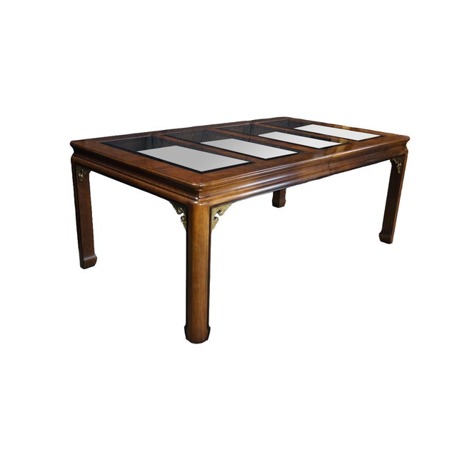 Mid-Century Modern Mid Century Chinoiserie Matchbook Walnut Brass & Glass Extendable Dining Table For Sale - Image 3 of 15