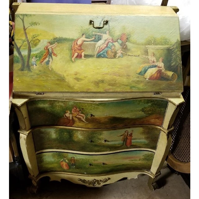 Victorian French Commode Scriban Writing Desk PAinting Couple For Sale - Image 13 of 13