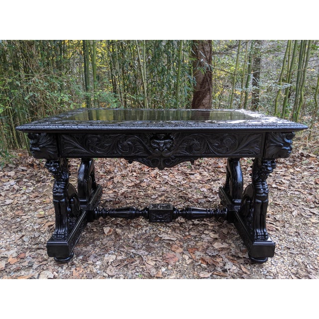 19th Century Gothic Revival Ebony Black Oak Trestle Console Table