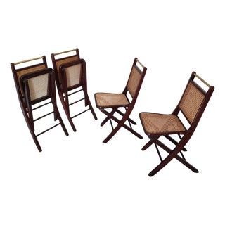 Folding Chairs in Brass with Seat and Back in Vienna Straw, Italy, 1970s, Set of 4 For Sale