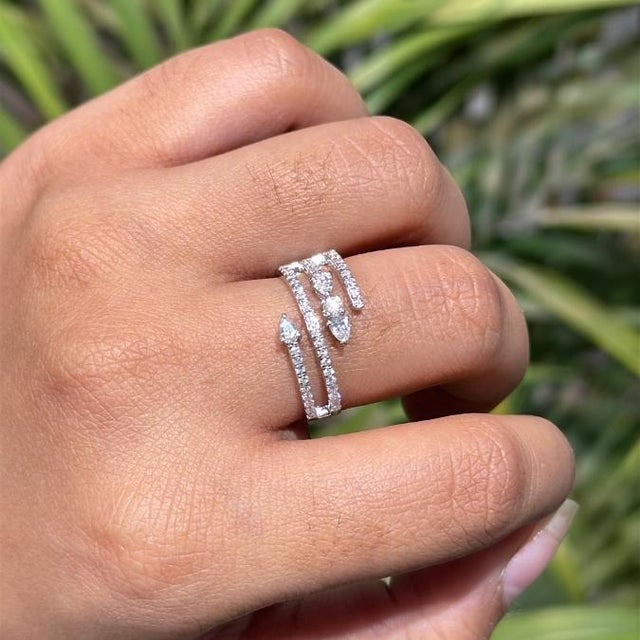 American Modernist 14k White Gold Bypass Wrap Ring With 0.62ct Diamond Size 5.5 For Sale - Image 3 of 18