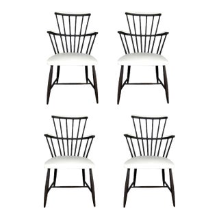 Revelation Modern White Leather Windsor Low Country Dining Chairs Set of 4 For Sale
