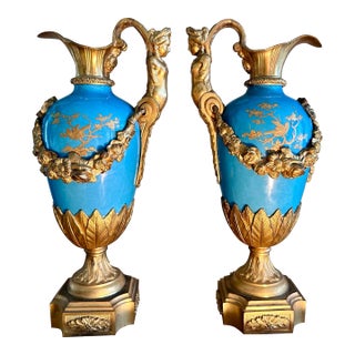 Pair of 19th Century French Sevres Style Turquoise Porcelain Bronze Dore Ormolu Mounted Ewer Pitcher Candle Holder Urns For Sale