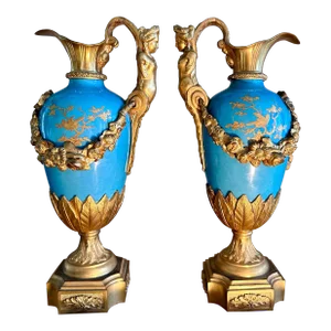 Pair of 19th Century French Sevres Style Turquoise Porcelain Bronze Dore Ormolu Mounted Ewer Pitcher Candle Holder Urns