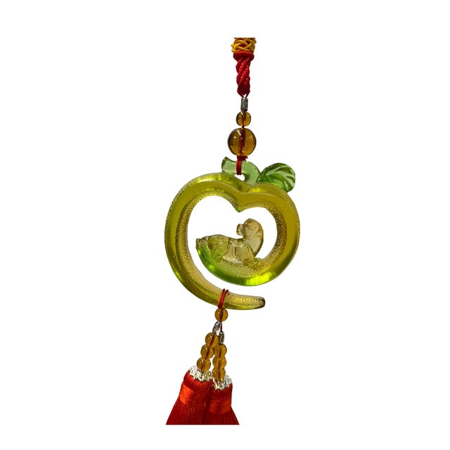 Chinese Crystal Glass Fengshui Fortune Green Pixiu Pendant Decor Tassel For Sale - Image 3 of 4