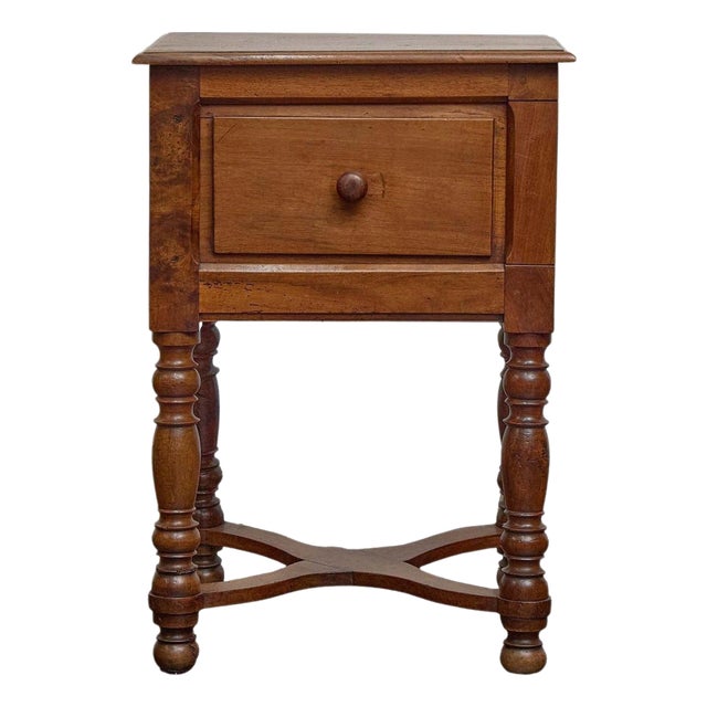 19th Century French Walnut Side Table With Sliding Door and Turned Legs For Sale