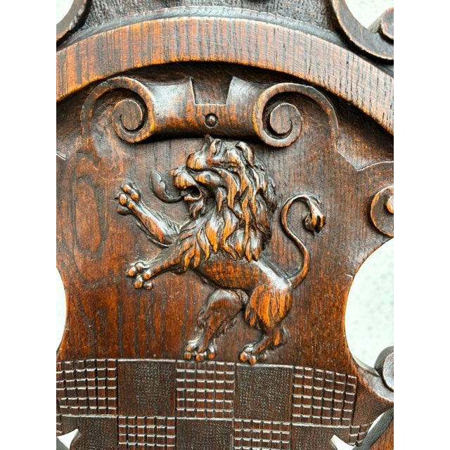 Pair 18th Century Italian Chestnut Hall Chairs Carved With Lion Crests For Sale - Image 12 of 12