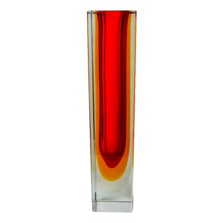 Red and Yellow Cubic Sommerso Vase by Flavio Poli for Seguso, Murano, Italy, 1970s For Sale