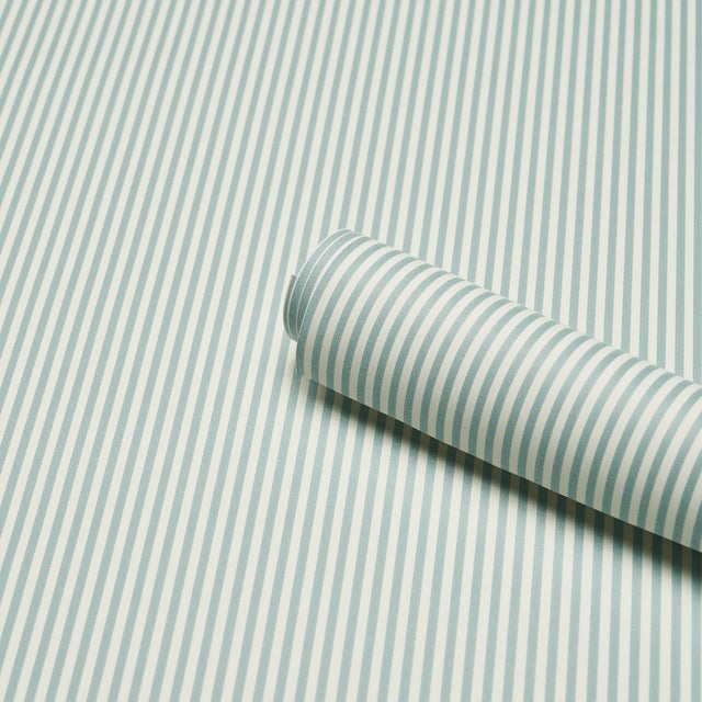 Contemporary Schumacher Emma Stripe Narrow Wallpaper In Aqua For Sale - Image 3 of 4