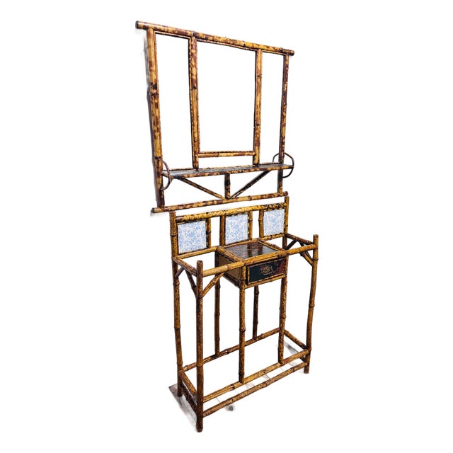 Antique English Aesthetic Era Scorched Bamboo Hall Tree Mirror & Table Set For Sale