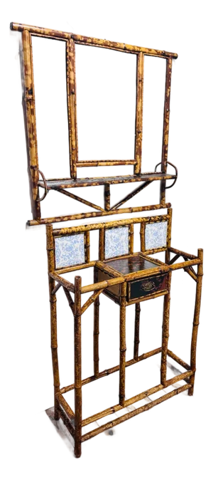 Antique English Aesthetic Era Scorched Bamboo Hall Tree Mirror & Table Set