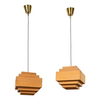 Hans-Agne Jakobsson Pine and Brass Pendant Lamps by Hans-Agne - a Pair For Sale