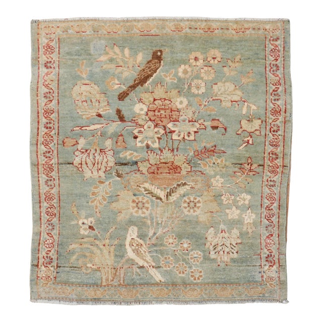 Zabihi Collection Persian Kashan Celadon Green Very Fine Pictorial Pigeon Mat For Sale