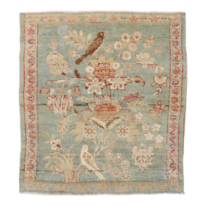 Zabihi Collection Persian Kashan Celadon Green Very Fine Pictorial Pigeon Mat