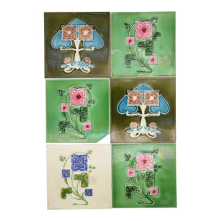 1920s Set of Six Tiles Art Nouveau H & R Johnson England For Sale