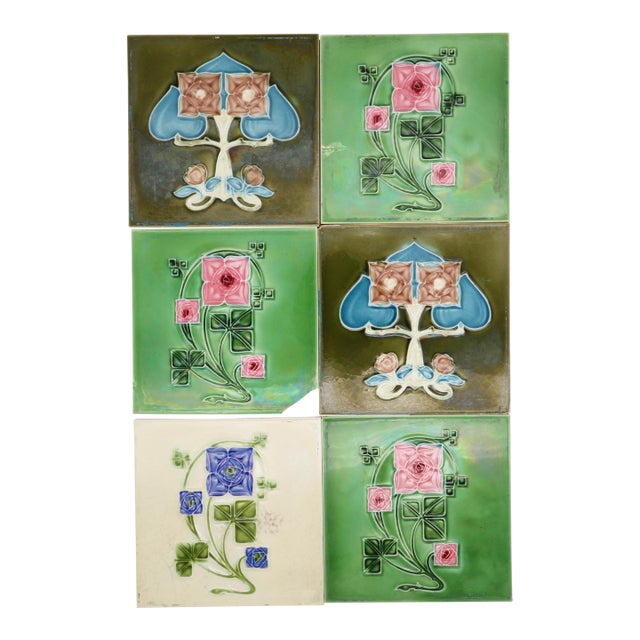 1920s Set of Six Tiles Art Nouveau H & R Johnson England For Sale
