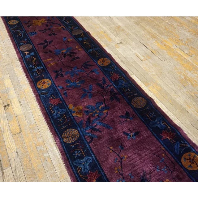 1920s Purple Floral Antique Chinese Art Deco Carpet 2'9" X 13'10" Handknotted Wool Rug Runner For Sale - Image 4 of 10