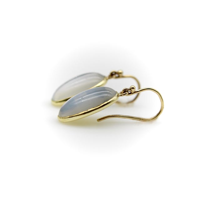 1900 - 1909 1900-1909 Pair of Signature 14k Gold Moonstone Cabochon Earrings With Shepherd Hooks For Sale - Image 5 of 9