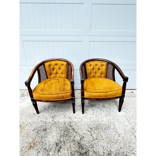 Vintage Velvet, Wood and Cane Barrel Chairs-a Pair For Sale - Image 9 of 11