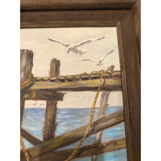 1970s Original Nautical Ocean Oil Painting - Seagulls & Sea Pier Pilings in Wood Frame For Sale In San Diego - Image 6 of 11