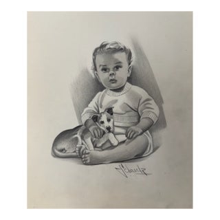 1940s Original Signed Graphite Illustration of Child Holding Puppy, 10 × 8.5 In. For Sale