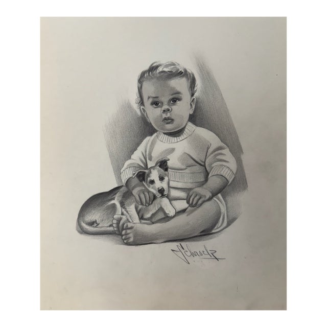 1940s Original Signed Graphite Illustration of Child Holding Puppy, 10 × 8.5 In. For Sale