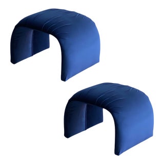 1980s Vintage Karl Springer Style Waterfall Blue Upholstered Ottomans - a Pair For Sale