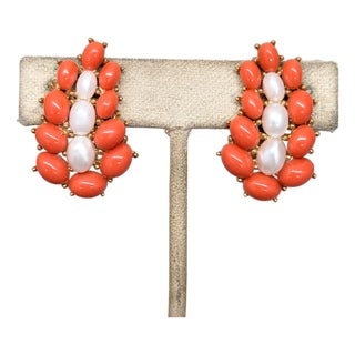 Vintage 1958 Crown Trifari Goldtone Cabochon Faux-Coral & Faux-Pearl Clip Earrings-2 Pieces For Sale