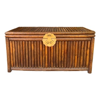 Vintage Bamboo Slat Storage Trunk With Brass Latch and Side Handles For Sale