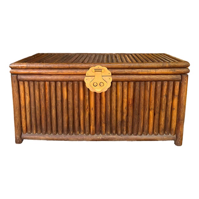 Vintage Bamboo Slat Storage Trunk With Brass Latch and Side Handles For Sale