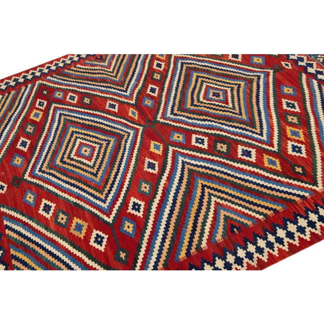 1960s Vintage Kilim Handmade Red Geometric Wool Rug For Sale In New York - Image 6 of 7