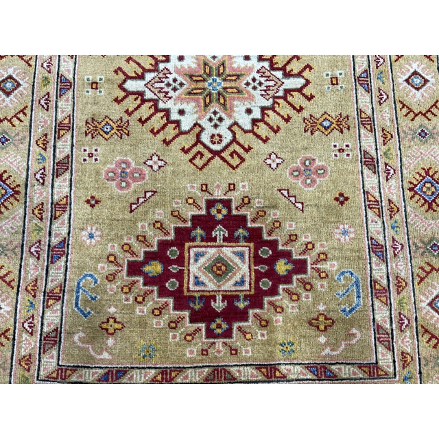 Textile Golden Beige Kazak Tribal Wool Rug With Three Medallions, 4'2" X 5'9" For Sale - Image 7 of 14