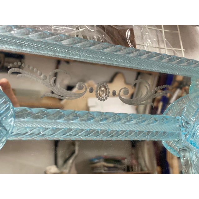 2000 - 2009 Venetian Rectangular Light-Blue Floreal Hand-Carving Mirror in Murano Glass Style For Sale - Image 5 of 8
