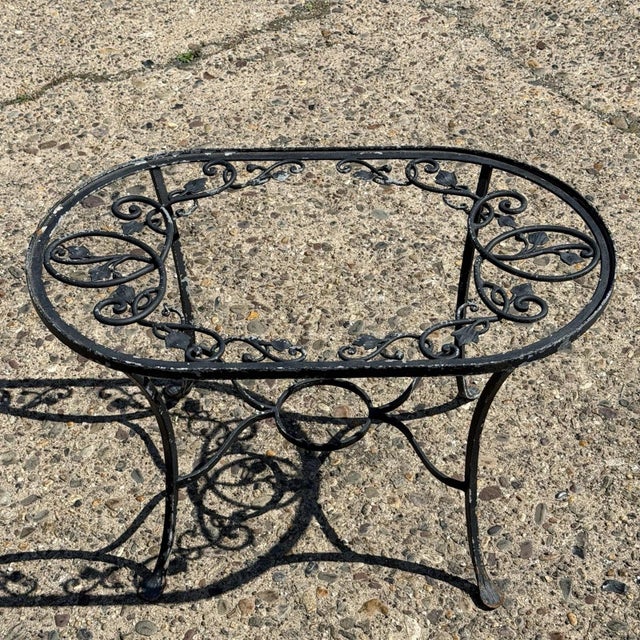 Art Nouveau Vintage Salterini Style Leaf Vine Scroll Wrought Iron Oval Patio Coffee Table For Sale - Image 3 of 11