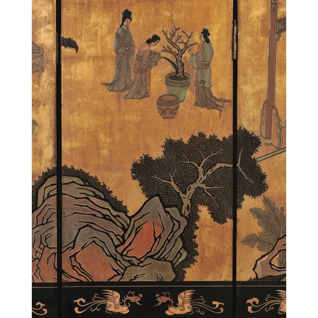 Black Chinese Export Eight-Panel Coromandel Screen Gilt Pavilion 10 Ft For Sale - Image 8 of 18