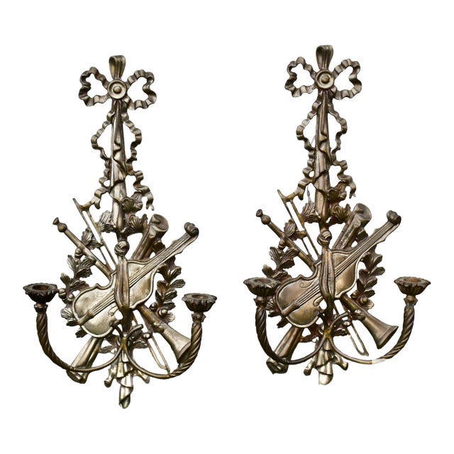 French Pair Brass Sconces Large Ornate Music Wall Violin Candle Holders 40s For Sale