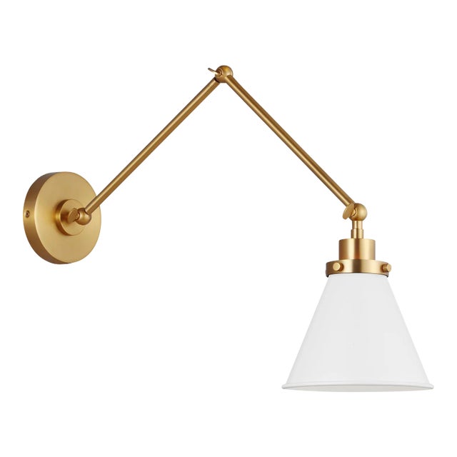 Chapman & Myers by Visual Comfort Studio Wellfleet Double Arm Cone Task Sconce, Matte White & Burnished Brass For Sale