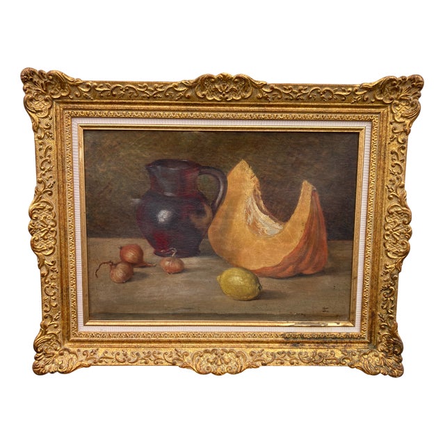 French School Artist, Still Life with Pumpkin and Pitcher, Oil on Canvas, Framed For Sale