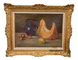 French School Artist, Still Life with Pumpkin and Pitcher, Oil on Canvas, Framed
