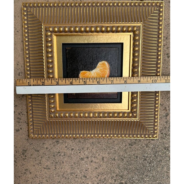21st Century Orange Slice Oil on Board Gilt Wood Framed Painting Yellow Black Gold Handmade Signed Still Life Fruit For Sale - Image 9 of 13