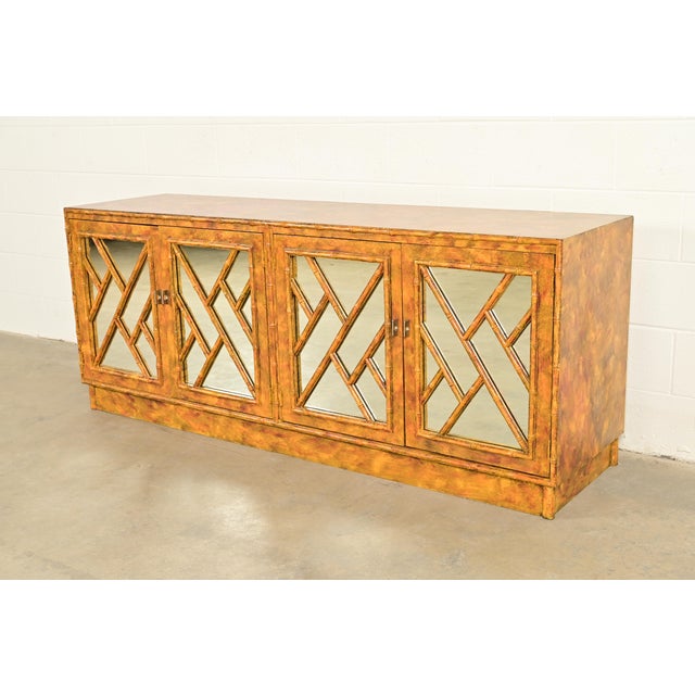 Mid-Century Modern Henredon Style Mid-Century Hollywood Regency Faux Bamboo Mirrored Front Sideboard Credenza, Circa 1970s For Sale - Image 3 of 12