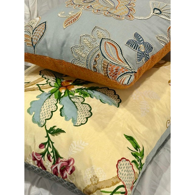 Canary Yellow Pair of Custom Designer Throw Pillows – Colefax & Fowler Crewel & Brunschwig & Fils Moiré Silk For Sale - Image 8 of 12