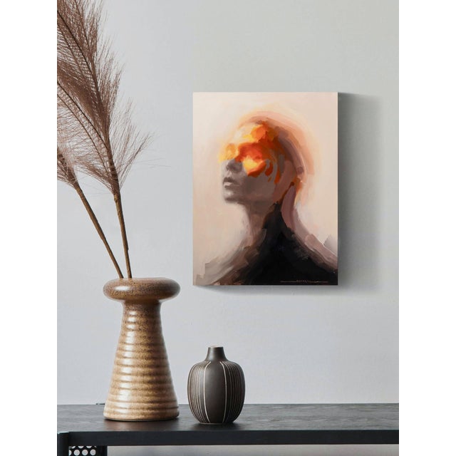 Ignite by Josh Sorrell | Oil on panel Abstract portrait with fiery colors around the face. For Sale - Image 4 of 5