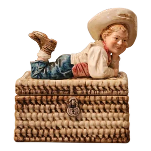 Mid-Century French Hand Painted Ceramic Barbotine Bohemian Figure Lidded Box